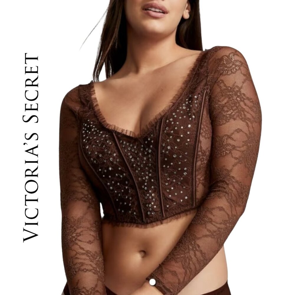 EUC! VS Dream Angels Brown Rhinestone Long Sleeve Corset Bra Top Size XS